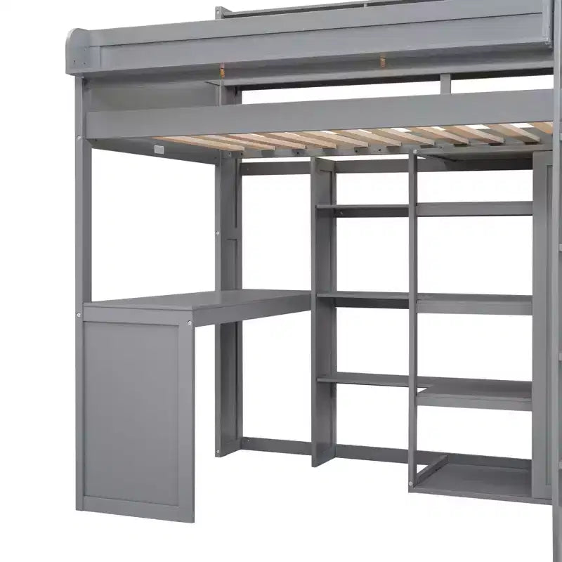 Letto a soppalco singolo con mensole e armadio, letto a soppalco in legno con scrivania integrata e scala per bambini, ragazzi e adulti