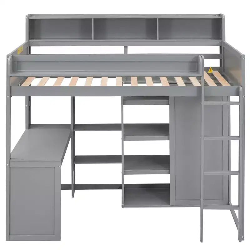 Letto a soppalco singolo con mensole e armadio, letto a soppalco in legno con scrivania integrata e scala per bambini, ragazzi e adulti