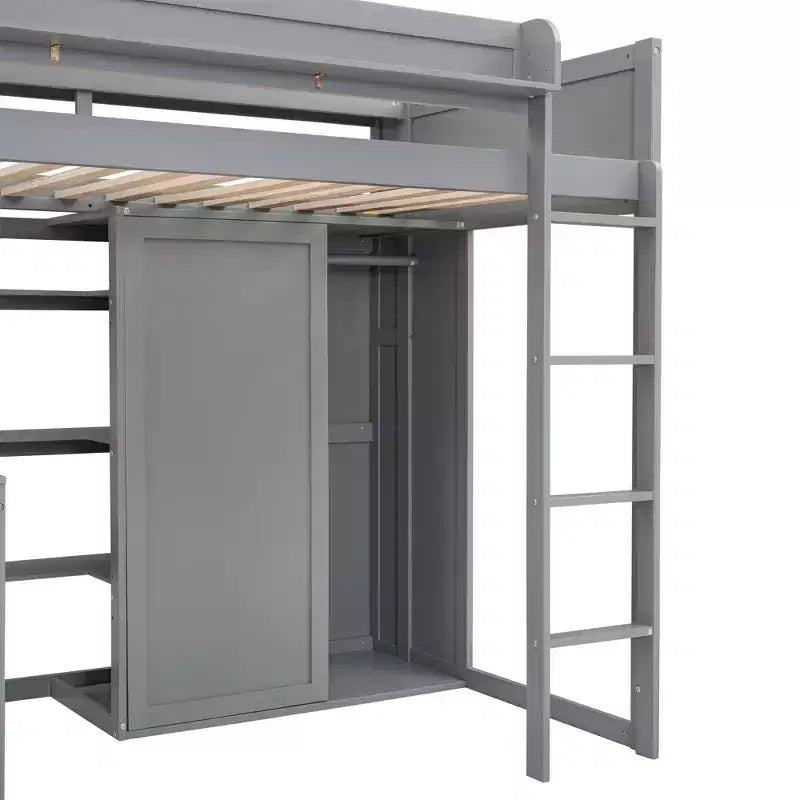 Letto a soppalco singolo con mensole e armadio, letto a soppalco in legno con scrivania integrata e scala per bambini, ragazzi e adulti