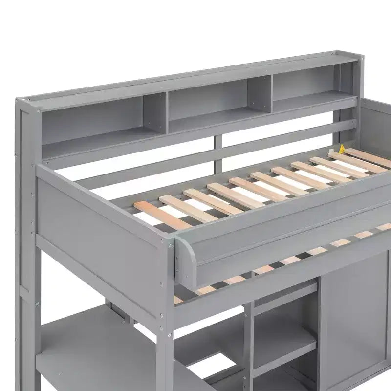 Letto a soppalco singolo con mensole e armadio, letto a soppalco in legno con scrivania integrata e scala per bambini, ragazzi e adulti