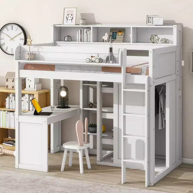 Letto a soppalco singolo con mensole e armadio, letto a soppalco in legno con scrivania integrata e scala per bambini, ragazzi e adulti