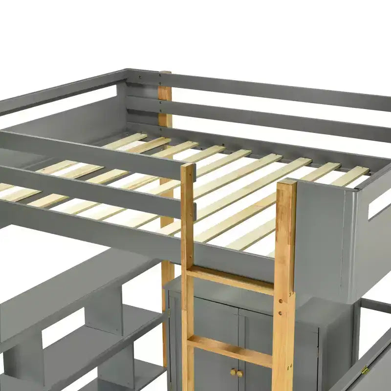 Letto a soppalco con scrivania pieghevole, struttura letto a soppalco in legno con armadio contenitore e cubi integrati