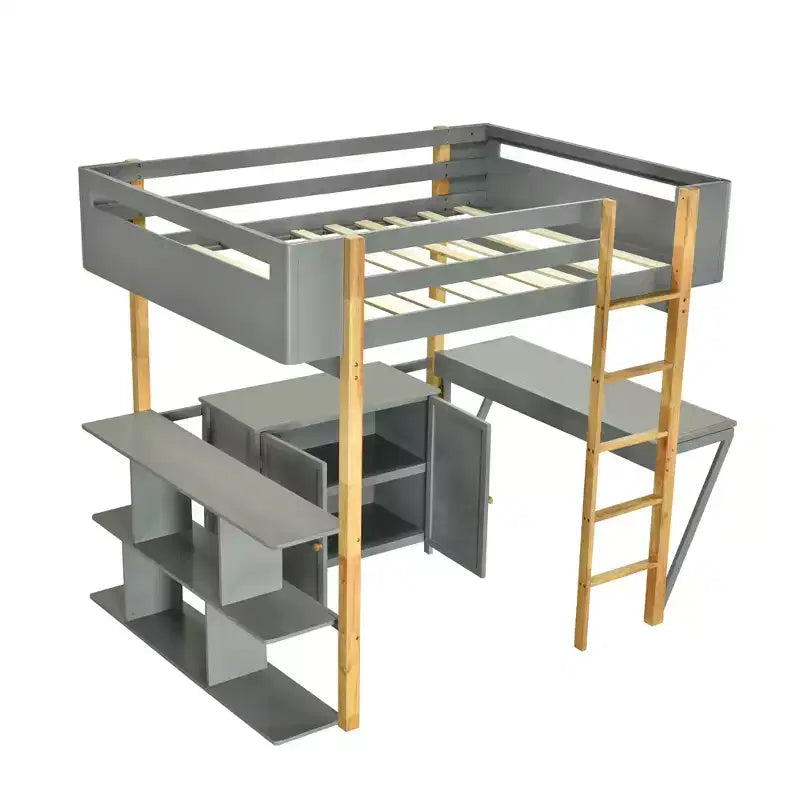Letto a soppalco con scrivania pieghevole, struttura letto a soppalco in legno con armadio contenitore e cubi integrati