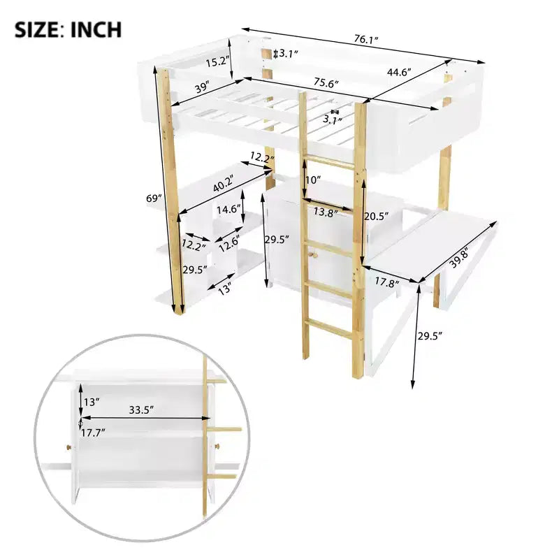Letto a soppalco con scrivania pieghevole, struttura letto a soppalco in legno con armadio contenitore e cubi integrati