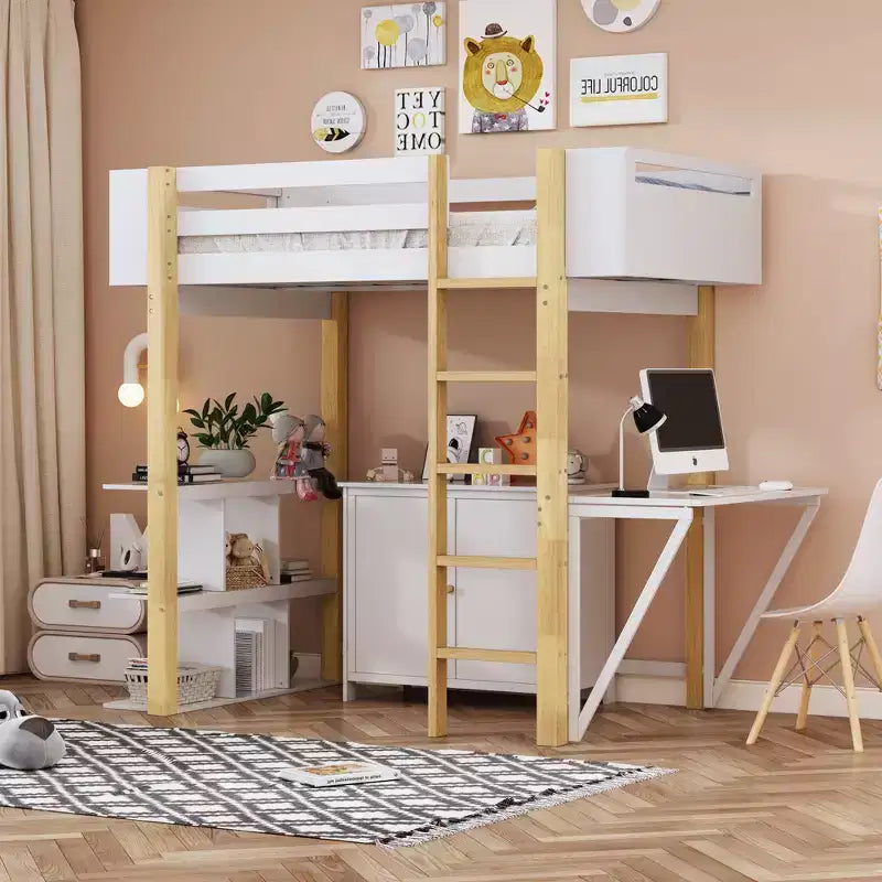 Letto a soppalco con scrivania pieghevole, struttura letto a soppalco in legno con armadio contenitore e cubi integrati
