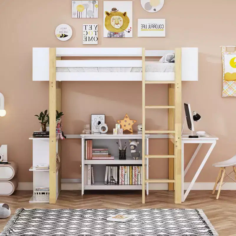 Letto a soppalco con scrivania pieghevole, struttura letto a soppalco in legno con armadio contenitore e cubi integrati