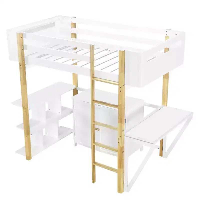 Letto a soppalco con scrivania pieghevole, struttura letto a soppalco in legno con armadio contenitore e cubi integrati