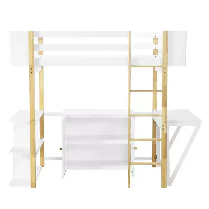 Letto a soppalco con scrivania pieghevole, struttura letto a soppalco in legno con armadio contenitore e cubi integrati