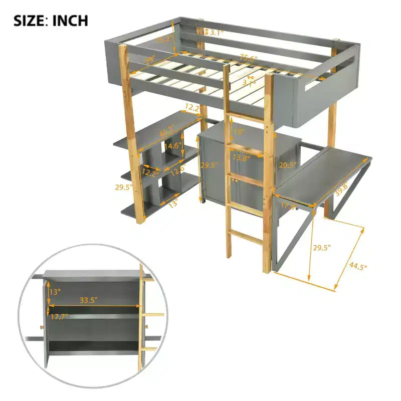 Letto a soppalco con scrivania pieghevole, struttura letto a soppalco in legno con armadio contenitore e cubi integrati