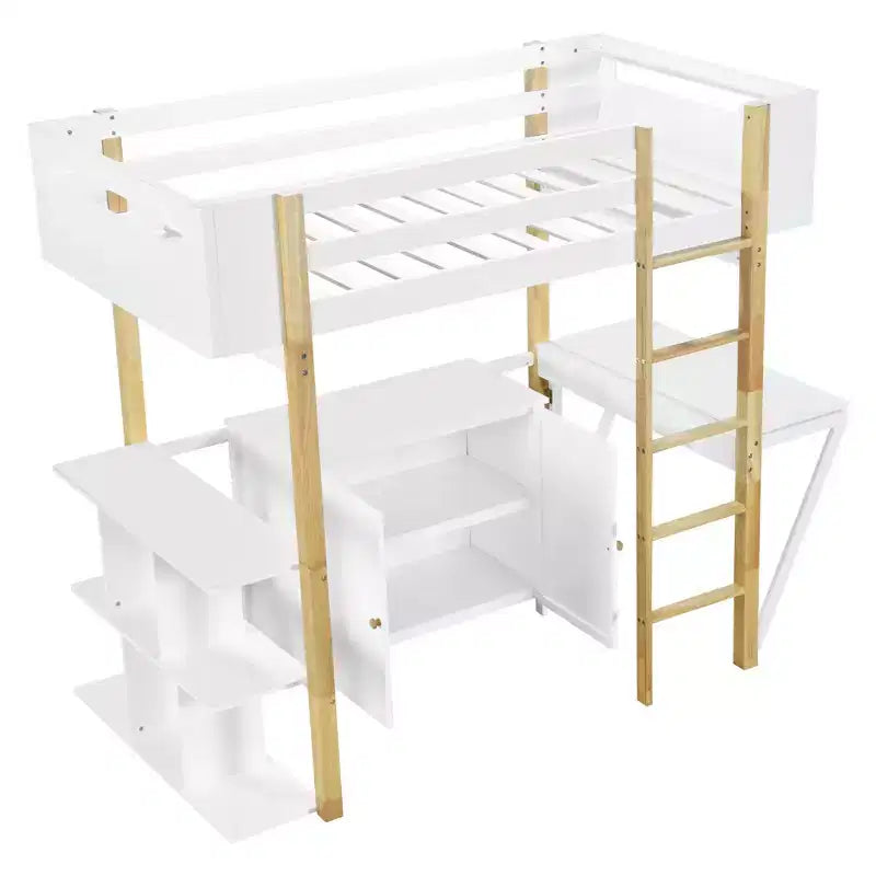 Letto a soppalco con scrivania pieghevole, struttura letto a soppalco in legno con armadio contenitore e cubi integrati