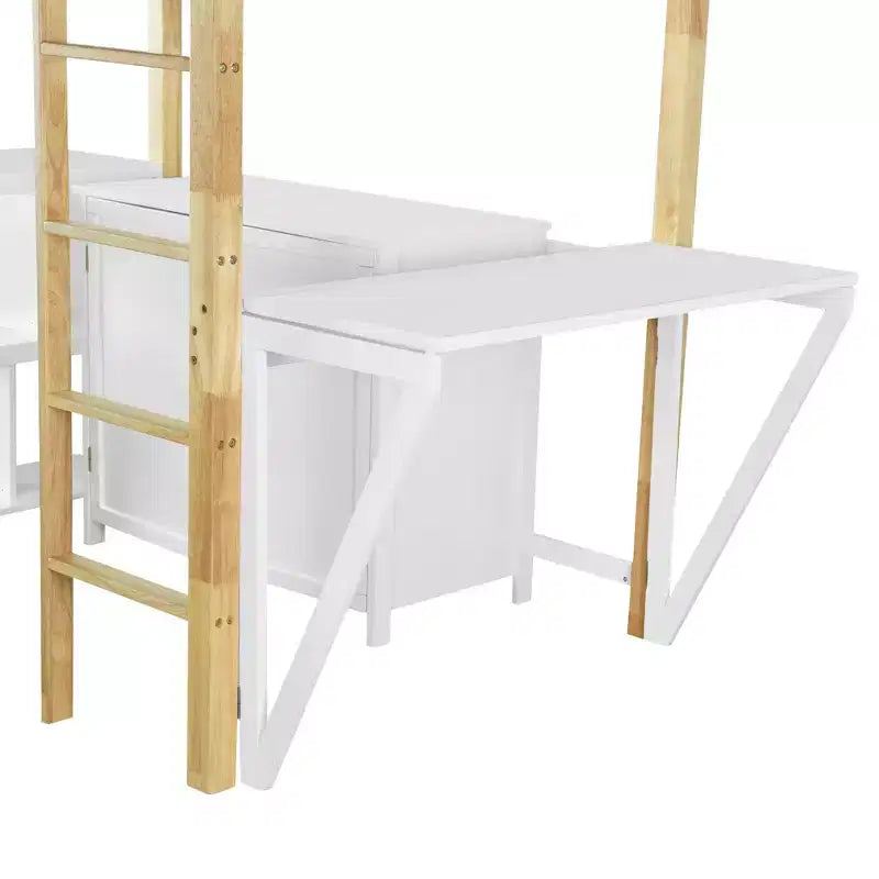 Letto a soppalco con scrivania pieghevole, struttura letto a soppalco in legno con armadio contenitore e cubi integrati