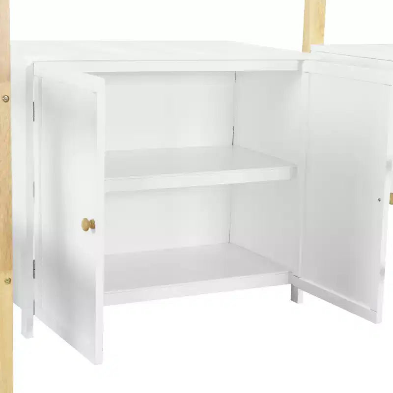Letto a soppalco con scrivania pieghevole, struttura letto a soppalco in legno con armadio contenitore e cubi integrati