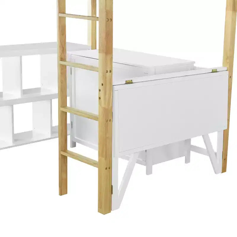 Letto a soppalco con scrivania pieghevole, struttura letto a soppalco in legno con armadio contenitore e cubi integrati