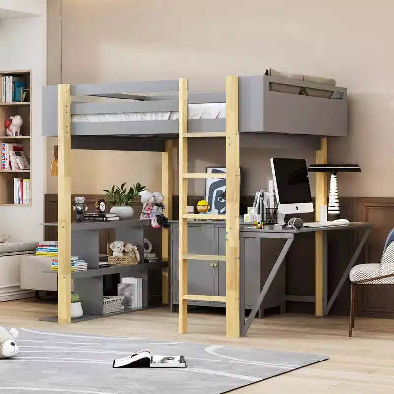 Letto a soppalco con scrivania pieghevole, struttura letto a soppalco in legno con armadio contenitore e cubi integrati
