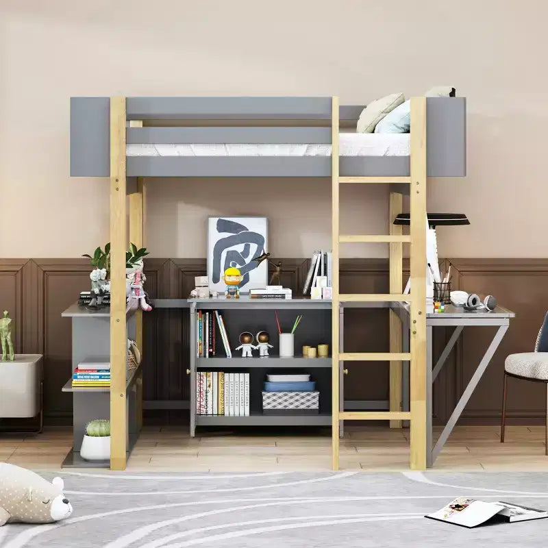 Letto a soppalco con scrivania pieghevole, struttura letto a soppalco in legno con armadio contenitore e cubi integrati