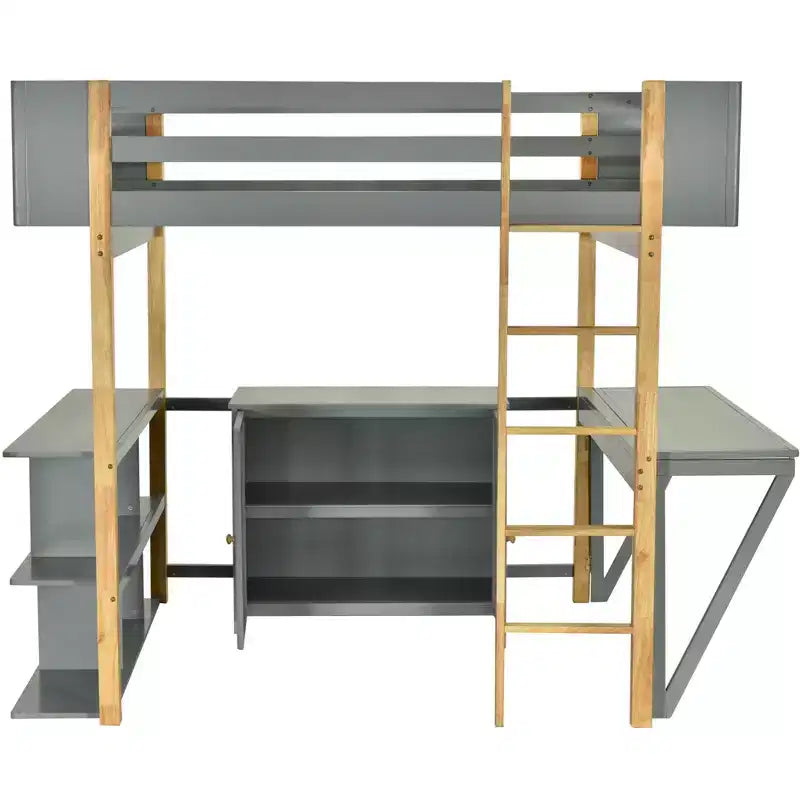 Letto a soppalco con scrivania pieghevole, struttura letto a soppalco in legno con armadio contenitore e cubi integrati