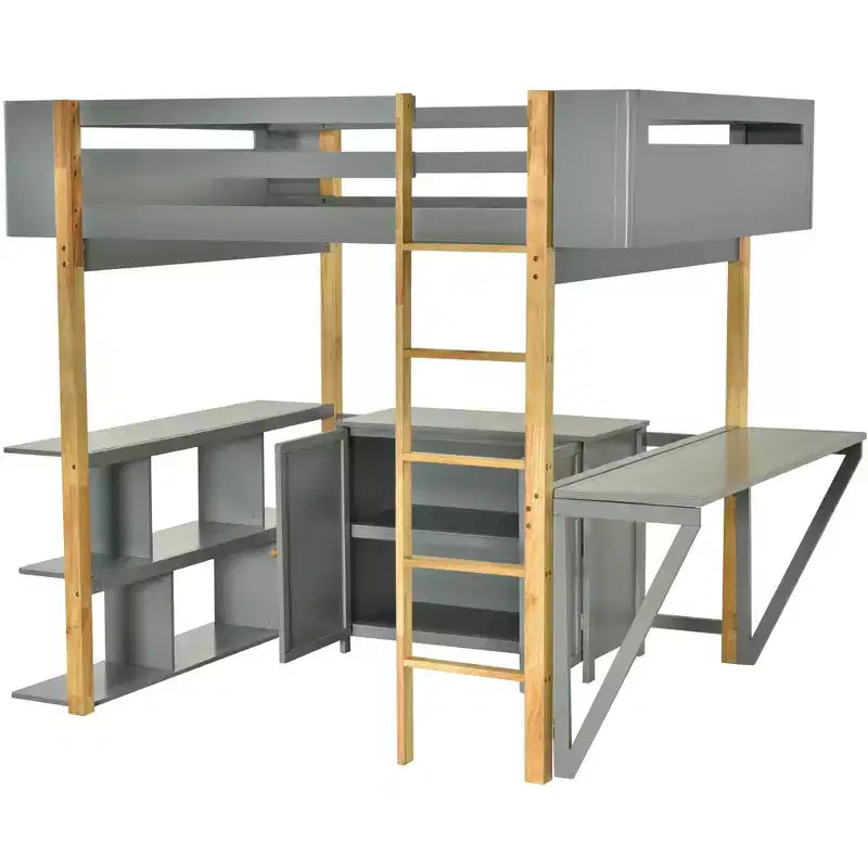 Letto a soppalco con scrivania pieghevole, struttura letto a soppalco in legno con armadio contenitore e cubi integrati