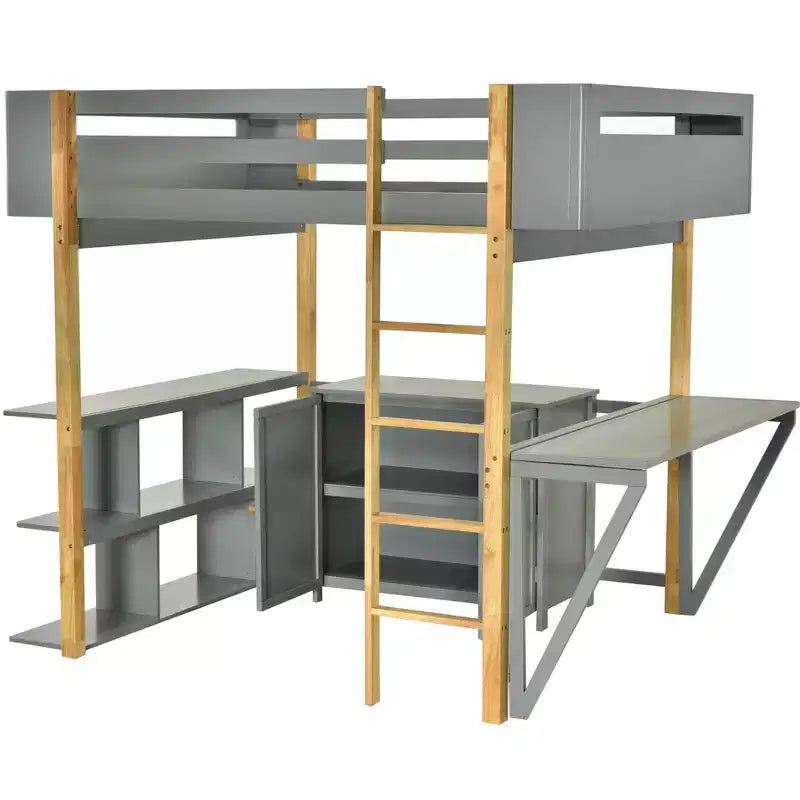 Letto a soppalco con scrivania pieghevole, struttura letto a soppalco in legno con armadio contenitore e cubi integrati