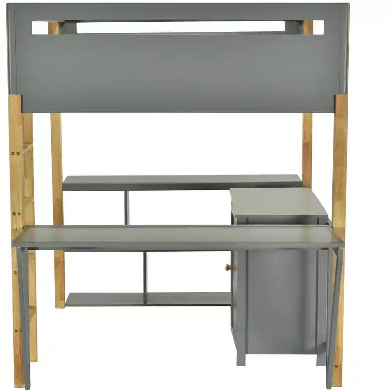 Letto a soppalco con scrivania pieghevole, struttura letto a soppalco in legno con armadio contenitore e cubi integrati