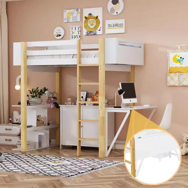 Letto a soppalco con scrivania pieghevole, struttura letto a soppalco in legno con armadio contenitore e cubi integrati