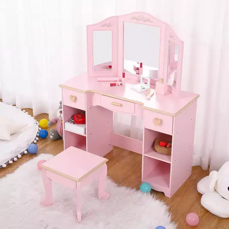 Set toeletta e sgabello per bambini, scrivania da trucco rosa per ragazze con specchio e luci