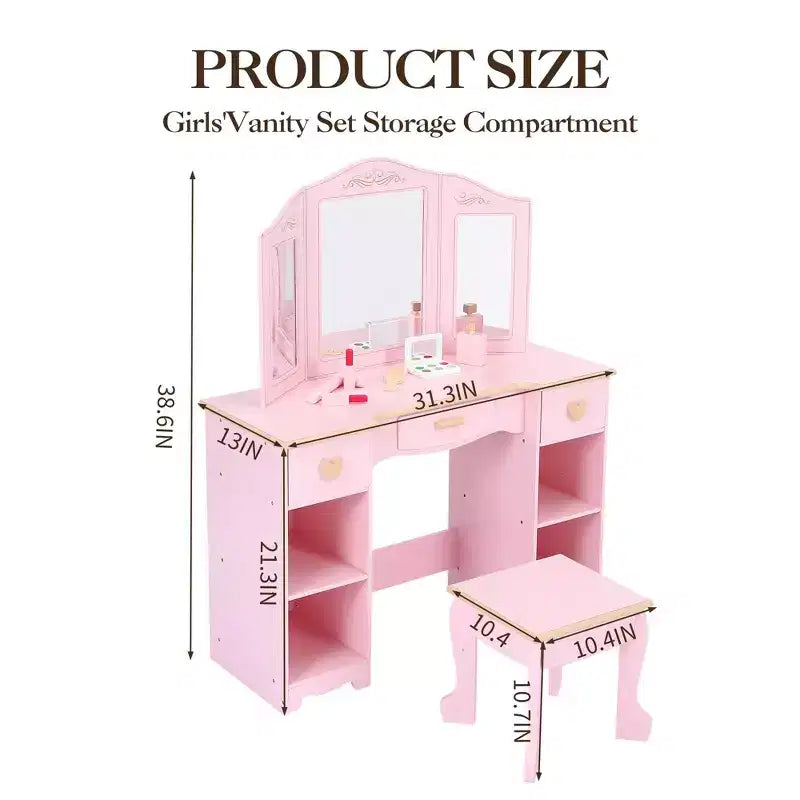 Set toeletta e sgabello per bambini, scrivania da trucco rosa per ragazze con specchio e luci