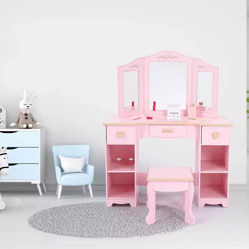Set toeletta e sgabello per bambini, scrivania da trucco rosa per ragazze con specchio e luci