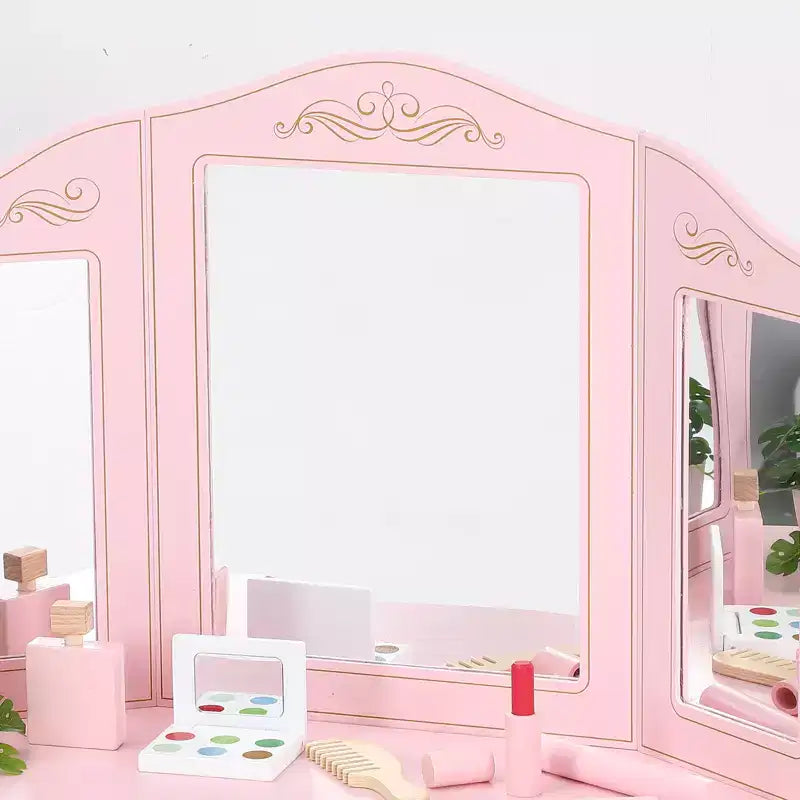Set toeletta e sgabello per bambini, scrivania da trucco rosa per ragazze con specchio e luci
