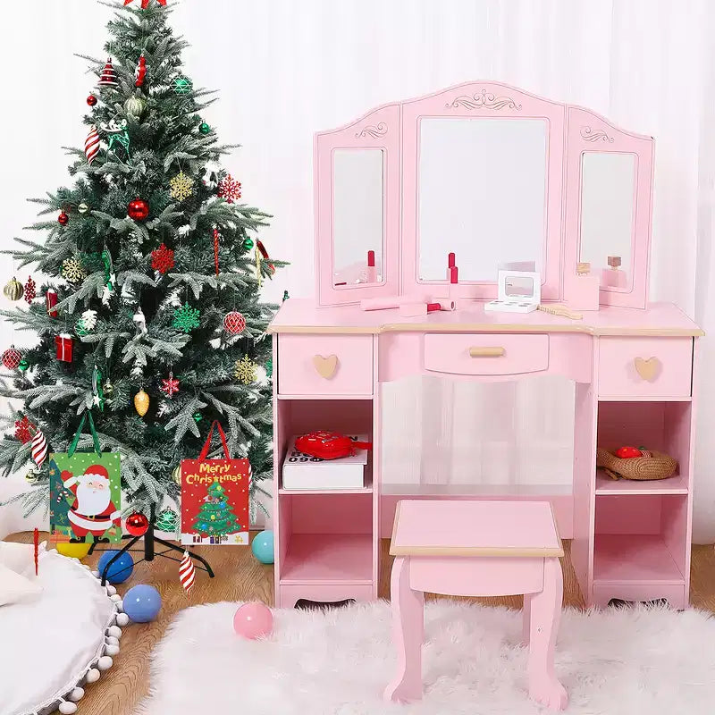 Set toeletta e sgabello per bambini, scrivania da trucco rosa per ragazze con specchio e luci
