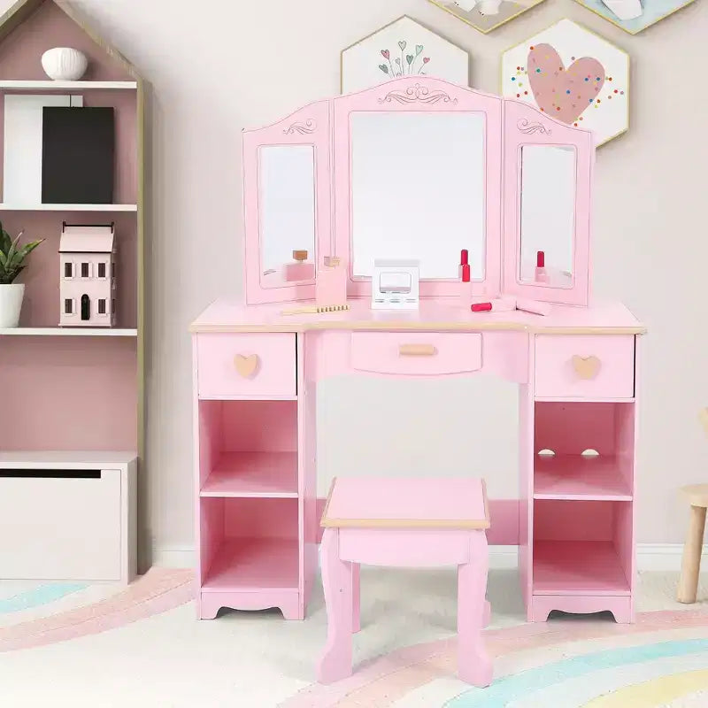 Set toeletta e sgabello per bambini, scrivania da trucco rosa per ragazze con specchio e luci