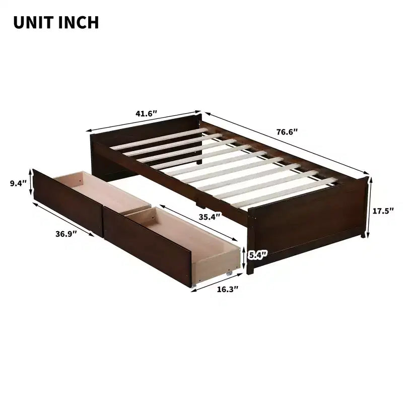 Letto a piattaforma singolo con 2 cassetti portaoggetti, in legno massello di caucciù, non necessita di rete a molle