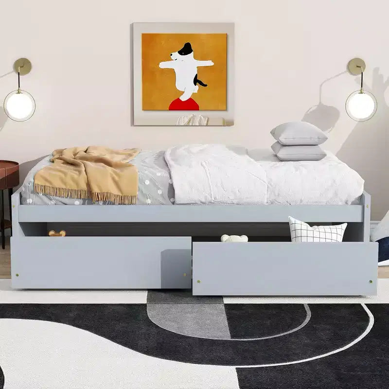 Letto a piattaforma singolo con 2 cassetti portaoggetti, in legno massello di caucciù, non necessita di rete a molle