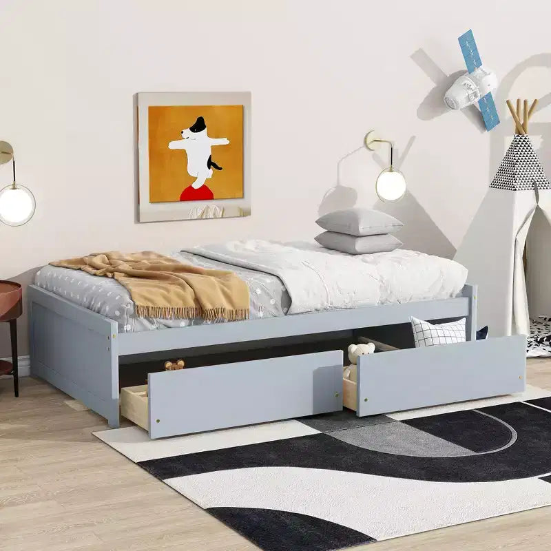 Letto a piattaforma singolo con 2 cassetti portaoggetti, in legno massello di caucciù, non necessita di rete a molle