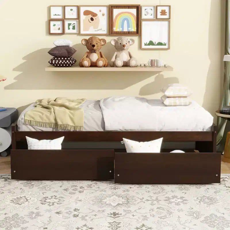Letto a piattaforma singolo con 2 cassetti portaoggetti, in legno massello di caucciù, non necessita di rete a molle
