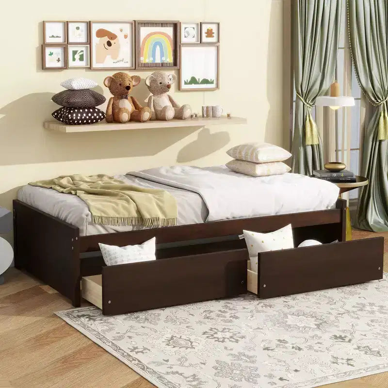 Letto a piattaforma singolo con 2 cassetti portaoggetti, in legno massello di caucciù, non necessita di rete a molle