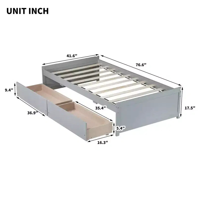 Letto a piattaforma singolo con 2 cassetti portaoggetti, in legno massello di caucciù, non necessita di rete a molle
