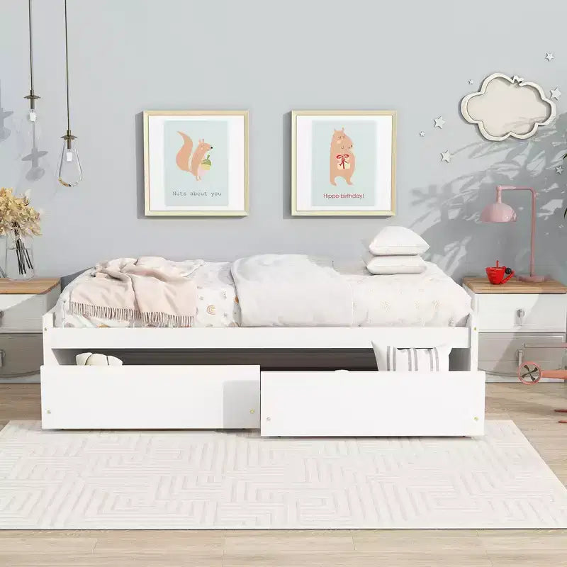 Letto a piattaforma singolo con 2 cassetti portaoggetti, in legno massello di caucciù, non necessita di rete a molle
