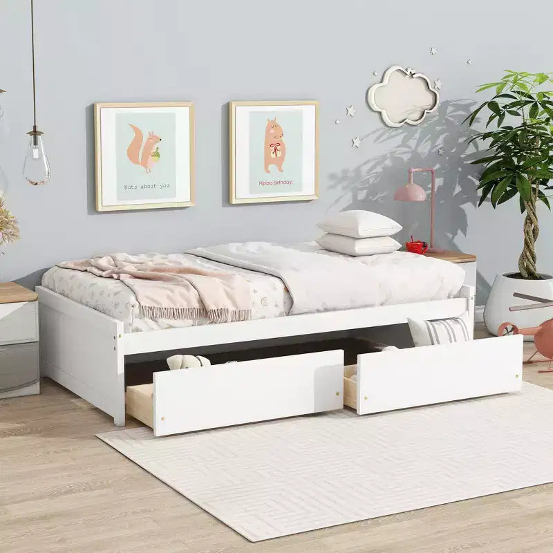 Letto a piattaforma singolo con 2 cassetti portaoggetti, in legno massello di caucciù, non necessita di rete a molle