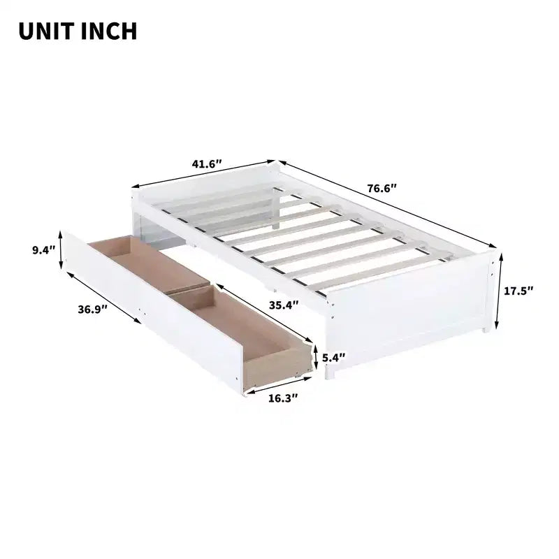 Letto a piattaforma singolo con 2 cassetti portaoggetti, in legno massello di caucciù, non necessita di rete a molle