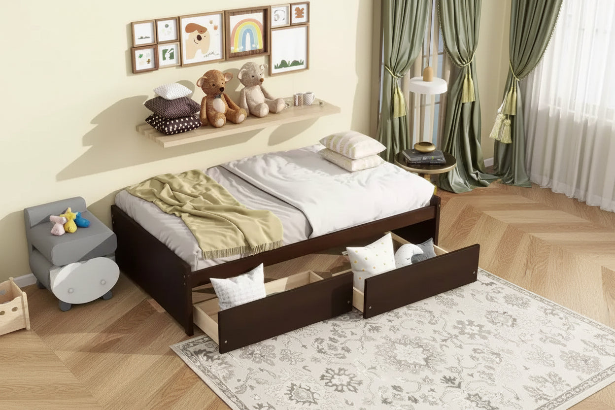 Whisen Twin Bed with 2 Drawers Solid Rubber Wood