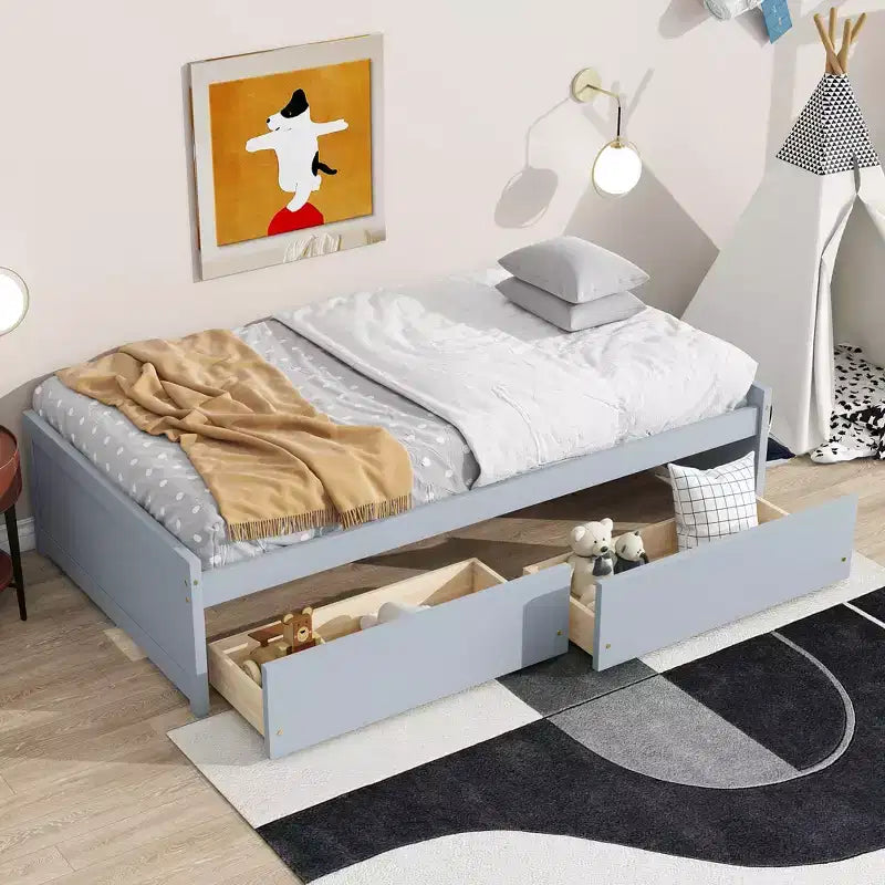 Letto a piattaforma singolo con 2 cassetti portaoggetti, in legno massello di caucciù, non necessita di rete a molle