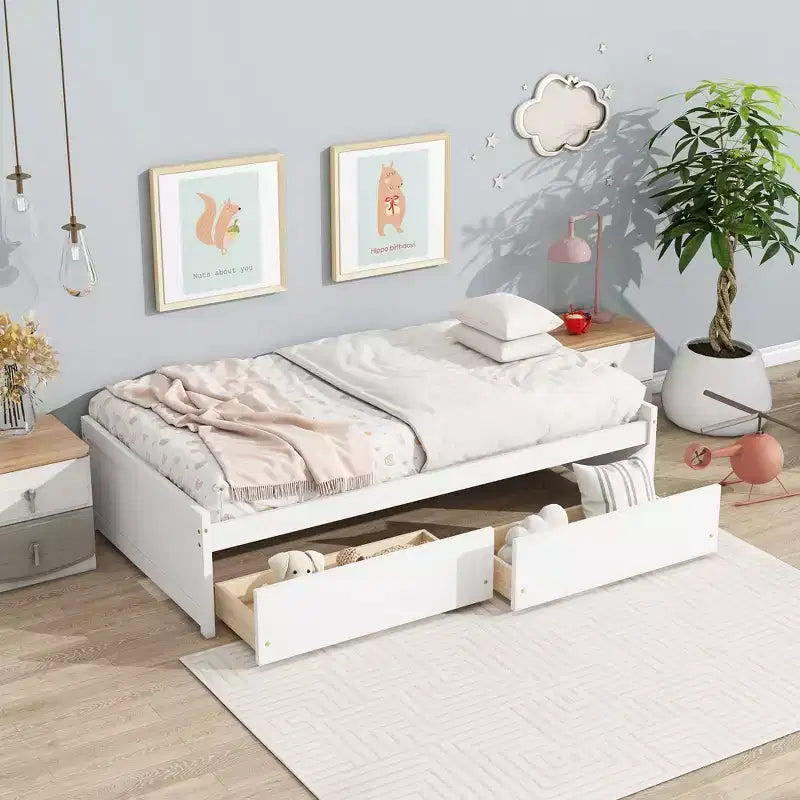 Letto a piattaforma singolo con 2 cassetti portaoggetti, in legno massello di caucciù, non necessita di rete a molle