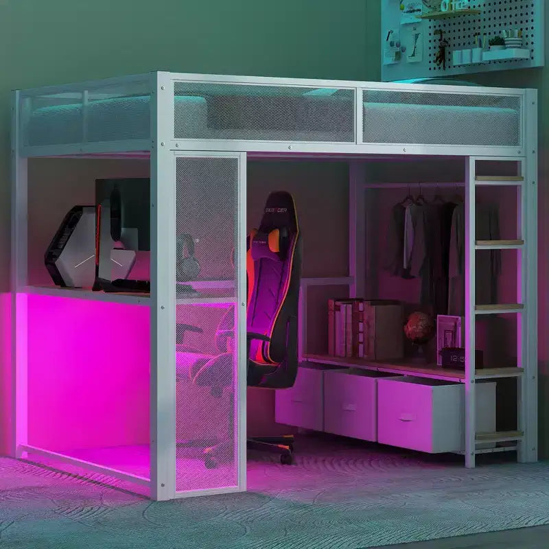 Letto a Soppalco da Gaming in Metallo a Dimensione Intera con Luci a LED, Scrivania, Armadio Aperto e 3 Cassetti, Bianco