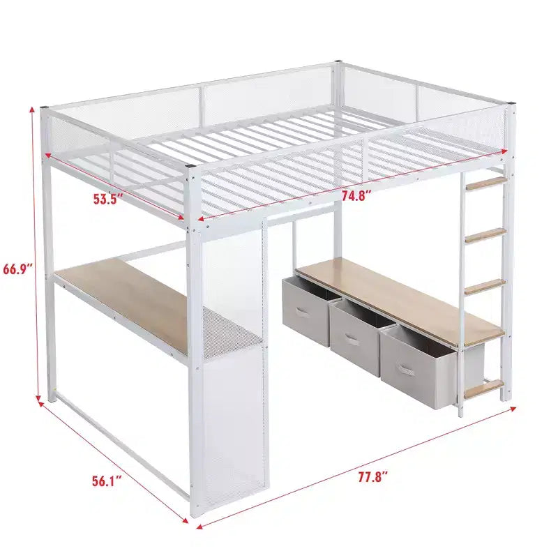 Letto a Soppalco da Gaming in Metallo a Dimensione Intera con Luci a LED, Scrivania, Armadio Aperto e 3 Cassetti, Bianco