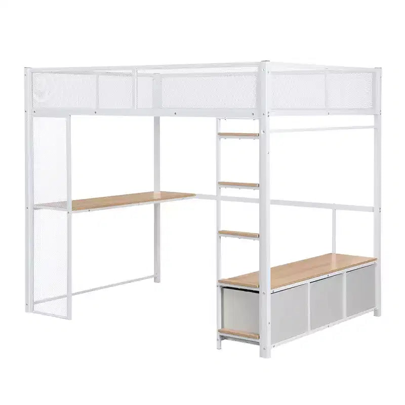 Letto a Soppalco da Gaming in Metallo a Dimensione Intera con Luci a LED, Scrivania, Armadio Aperto e 3 Cassetti, Bianco