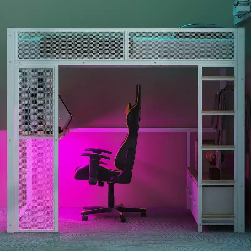 Letto a Soppalco da Gaming in Metallo a Dimensione Intera con Luci a LED, Scrivania, Armadio Aperto e 3 Cassetti, Bianco