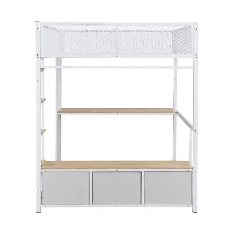 Letto a Soppalco da Gaming in Metallo a Dimensione Intera con Luci a LED, Scrivania, Armadio Aperto e 3 Cassetti, Bianco
