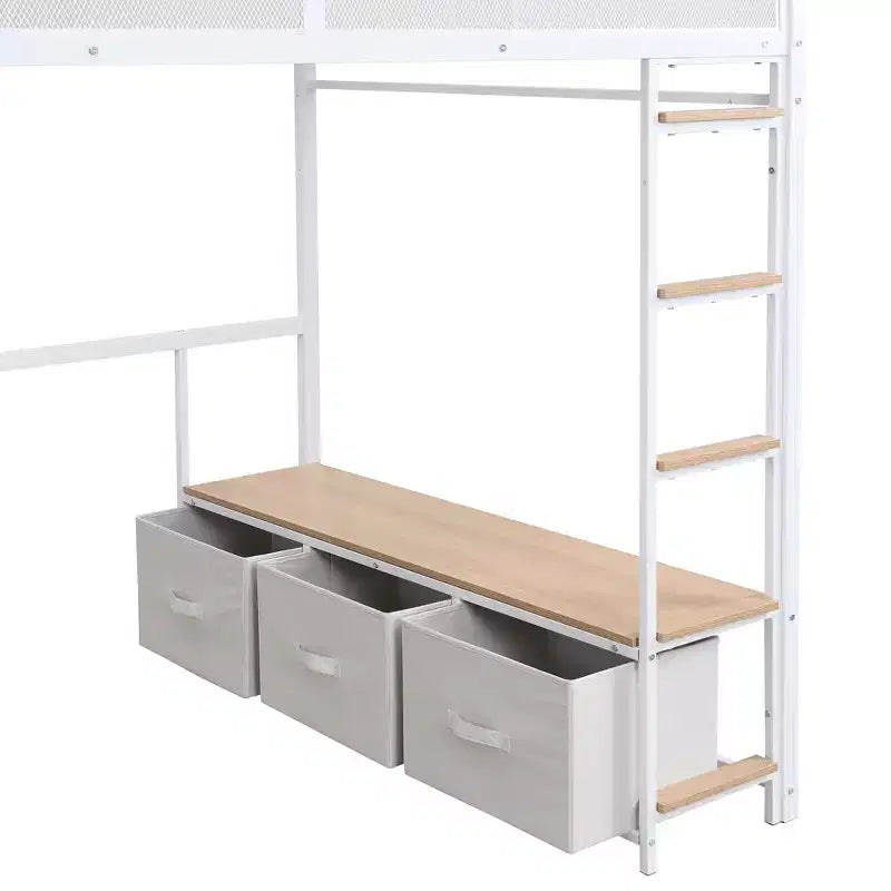 Letto a Soppalco da Gaming in Metallo a Dimensione Intera con Luci a LED, Scrivania, Armadio Aperto e 3 Cassetti, Bianco