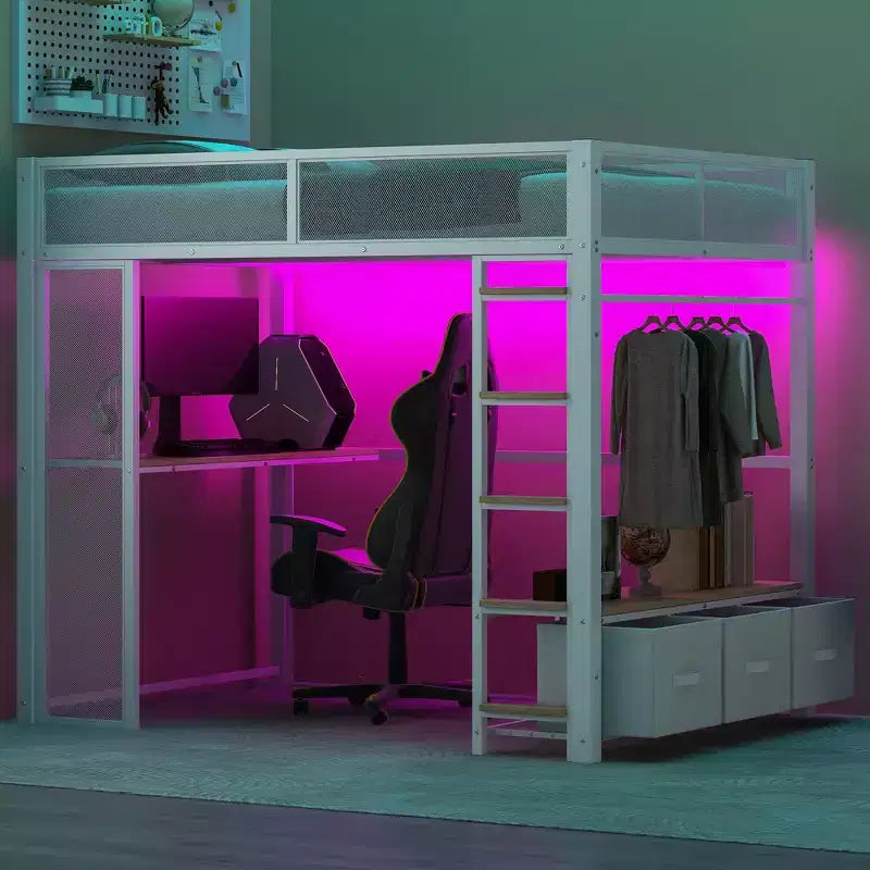 Letto a Soppalco da Gaming in Metallo a Dimensione Intera con Luci a LED, Scrivania, Armadio Aperto e 3 Cassetti, Bianco