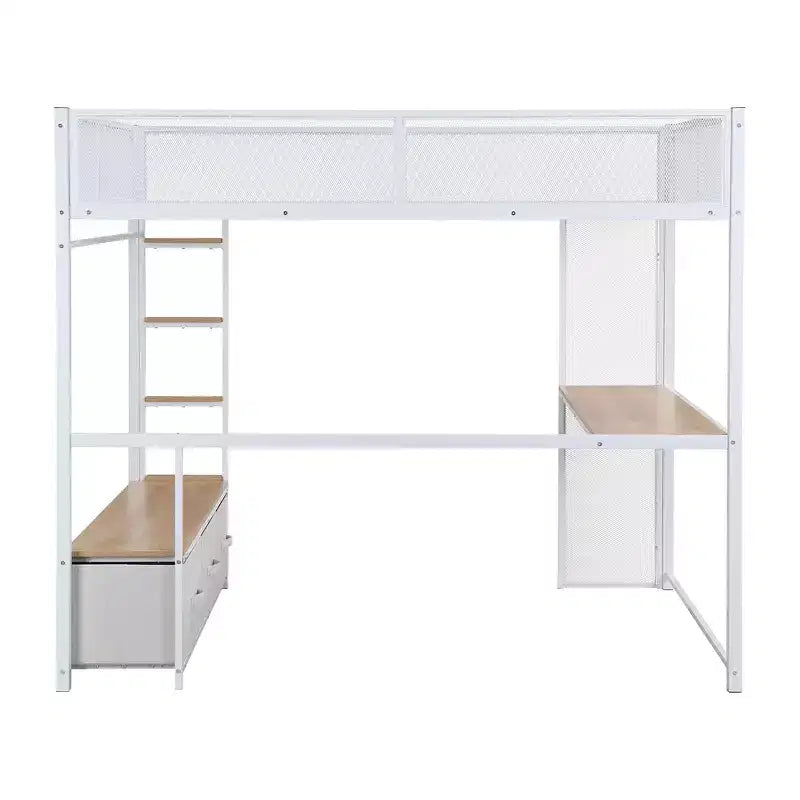 Letto a Soppalco da Gaming in Metallo a Dimensione Intera con Luci a LED, Scrivania, Armadio Aperto e 3 Cassetti, Bianco
